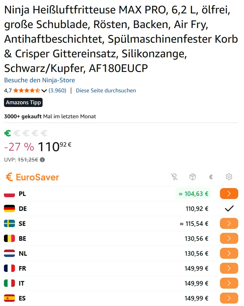 Price comparison for a kitchen appliance between Amazon UK and Amazon Spain