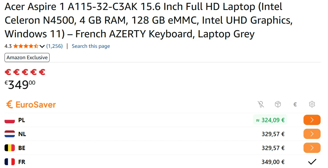Price comparison for a laptop between Amazon UK and Amazon Spain
