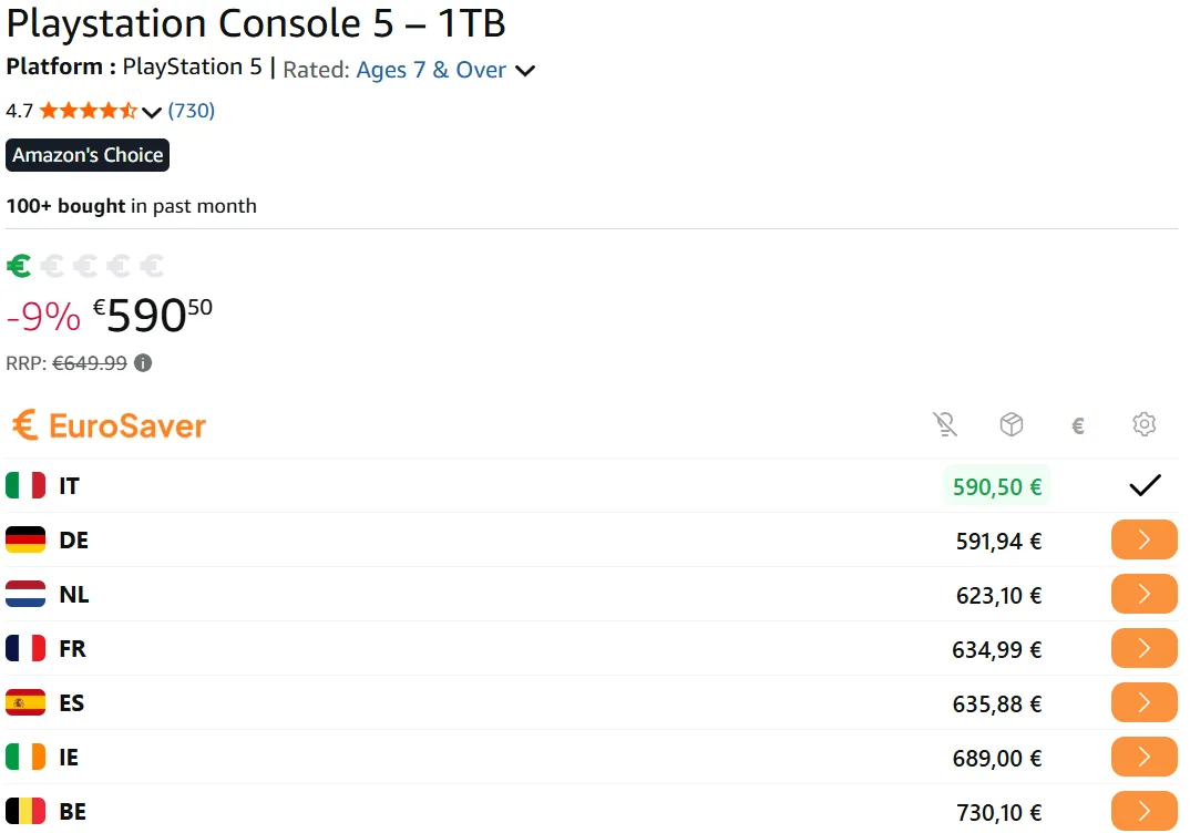 Price difference for an electronics product between amazon.co.uk and amazon.es