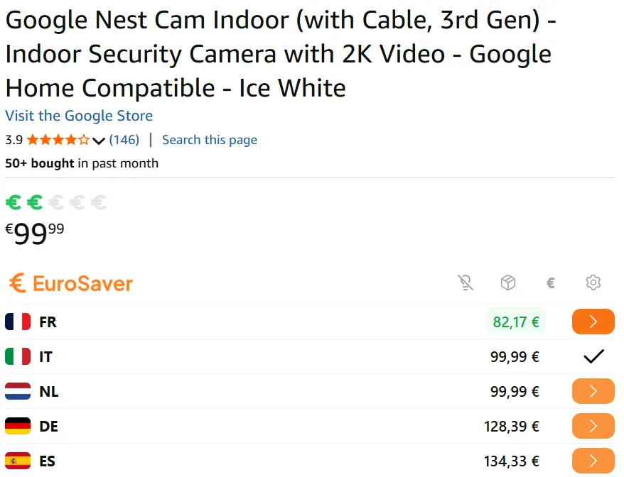 Price comparison for smart home devices across several European Amazon stores in the EuroSaver bar