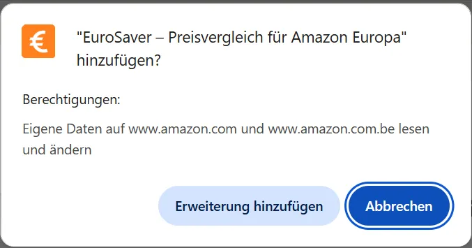 Permission request from the EuroSaver extension in the browser store during installation