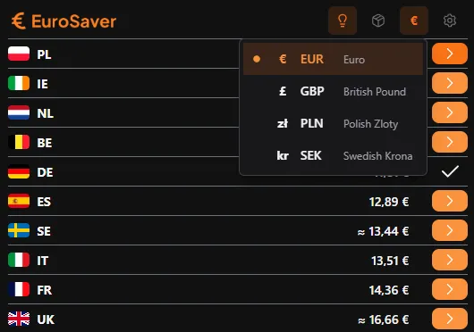Currency selection in the EuroSaver settings